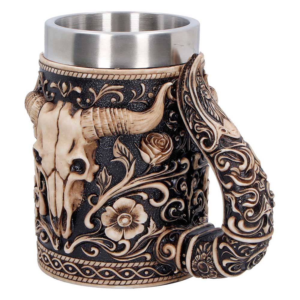 Wild West Bull Skull Tankard - Angle of dark tankard and horn-shaped handle
