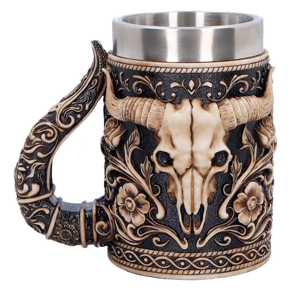 Wild West Bull Skull Tankard - Reverse showing ornate Western floral design