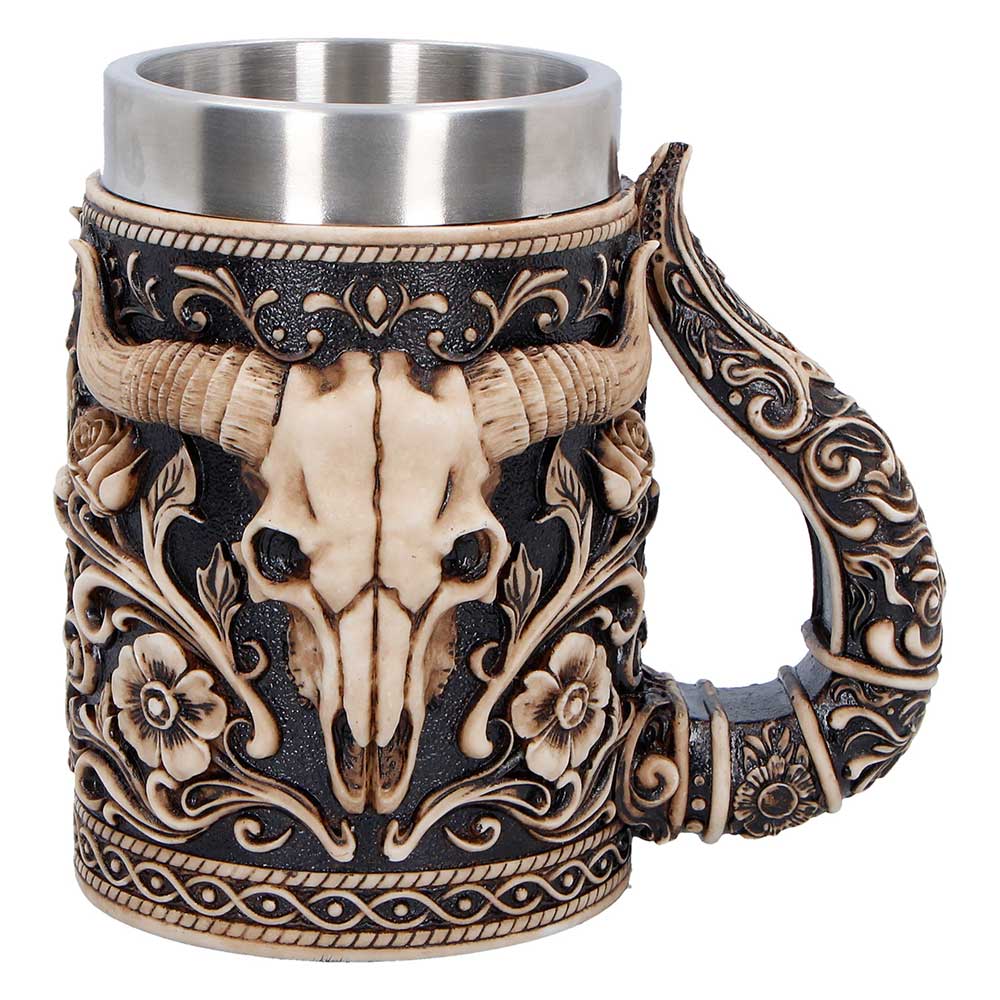 Wild West Bull Skull Tankard - Front showing bull skull and pale floral scrollwork