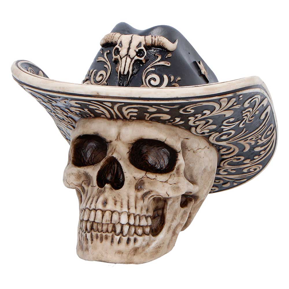 Wild West Cowboy Hat Skull Ornament - Front showing pale skull and black ornate hat