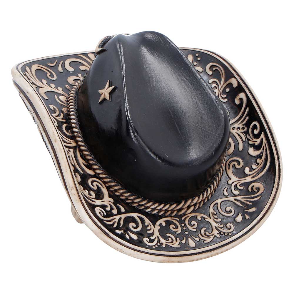 Wild West Cowboy Hat Skull Ornament - Top view showing floral scrollwork on hat