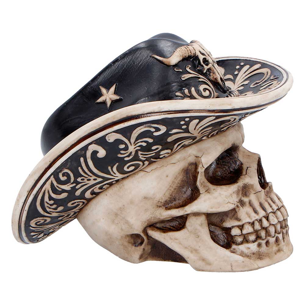 Wild West Cowboy Hat Skull Ornament - Side showing skull profile and decorated hatband