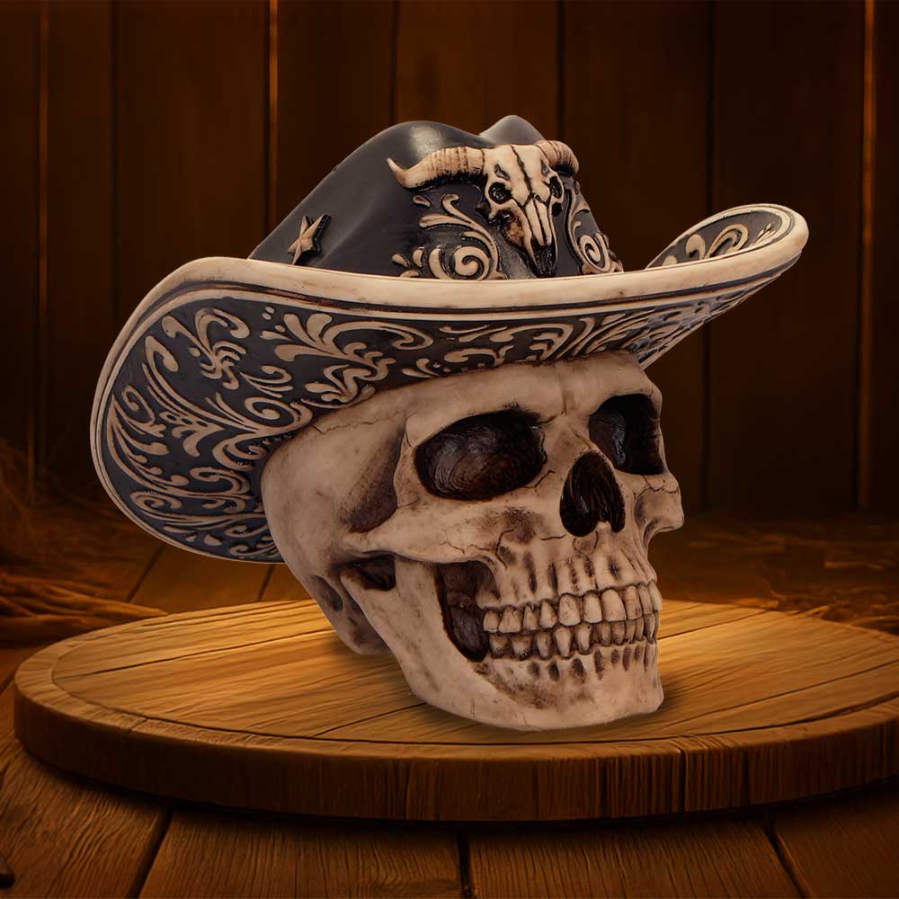 Wild West Cowboy Hat Skull Ornament - Alternate styled view of outlaw skull