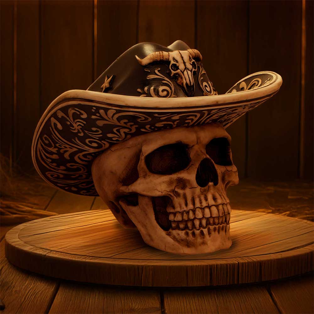 Wild West Cowboy Hat Skull Ornament - Cowboy-hat skull in a styled Western display