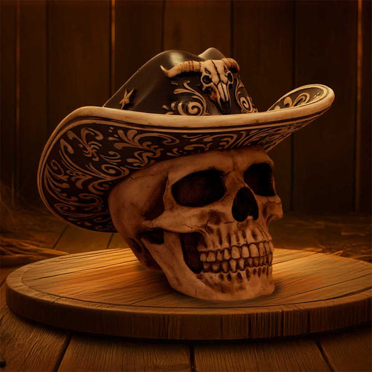 Wild West Cowboy Hat Skull Ornament - Cowboy-hat skull in a styled Western display