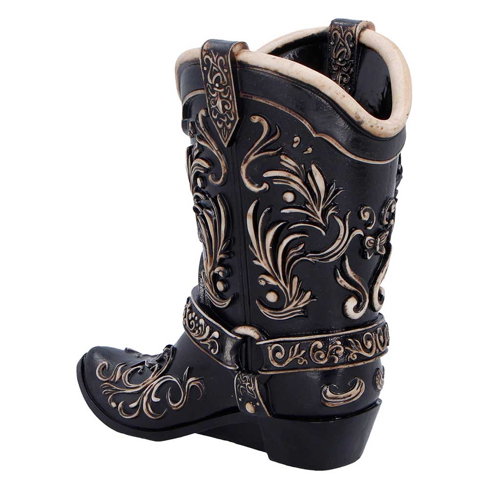 Wild West Cowboy Boot Pen Pot - Side showing scrollwork and boot-shaped pen storage