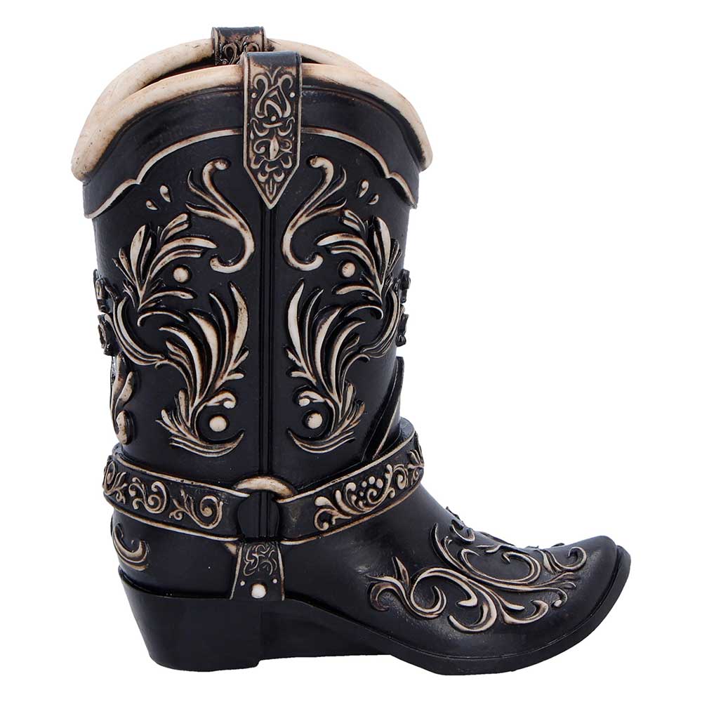 Wild West Cowboy Boot Pen Pot - Opposite front angle showing opening and straps