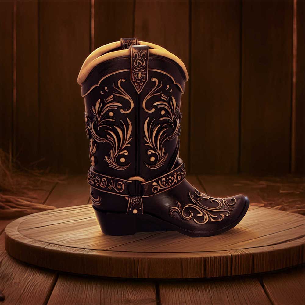 Wild West Cowboy Boot Pen Pot - Cowboy boot pen pot in a styled desk display
