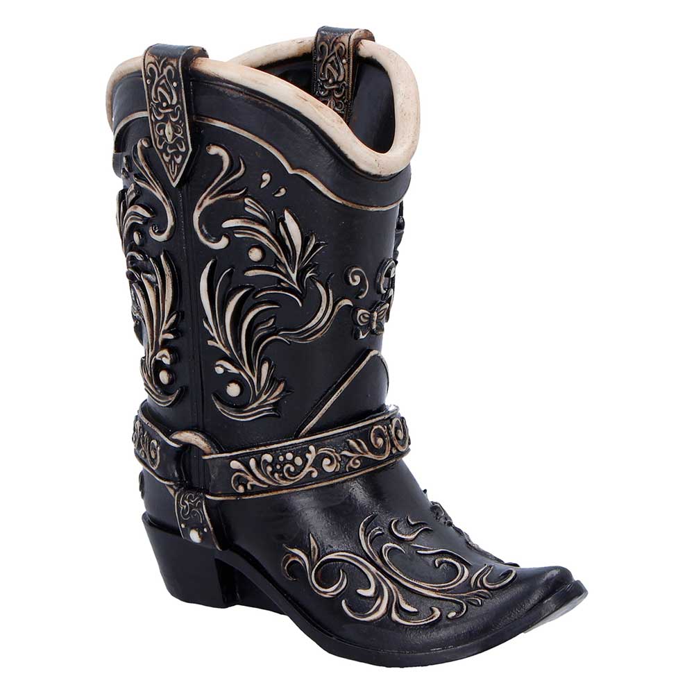 Wild West Cowboy Boot Pen Pot - Angled front of black cowboy boot with pale floral design