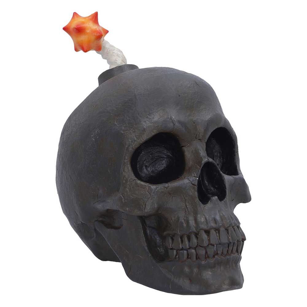 Mind Blown Bomb Skull Figurine - Angle showing dark skull with cartoon bomb and sculpted spark