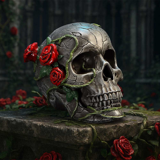 Twilight Bloom gothic black skull figurine by Nemesis Now with vivid red roses and intricate sculpted vine detailing