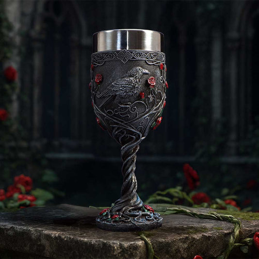Twilight Bloom gothic raven goblet by Nemesis Now with two black ravens, deep red roses, twisted branch detail and removable stainless steel insert