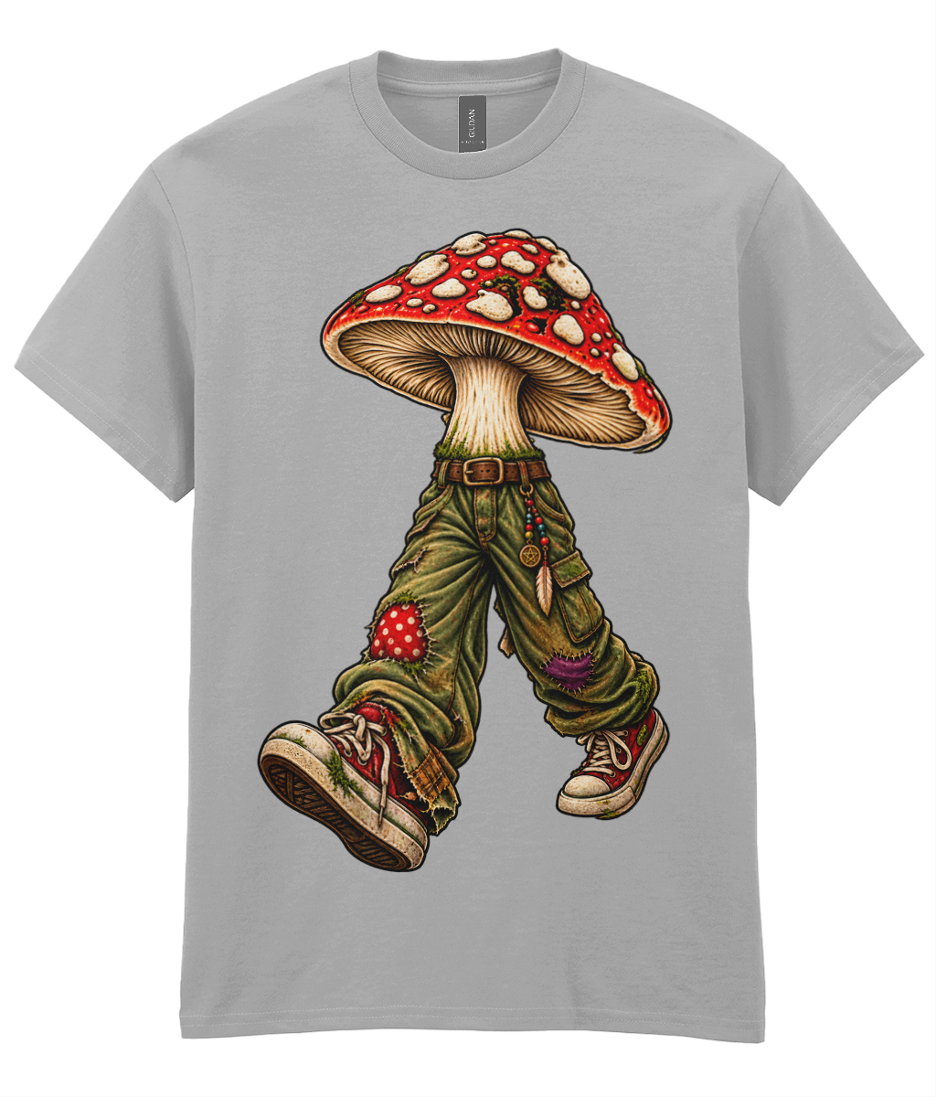 Shrooms Trousers T-Shirt - colourful surreal figure in oversized jeans and sneakers with giant mushroom cap