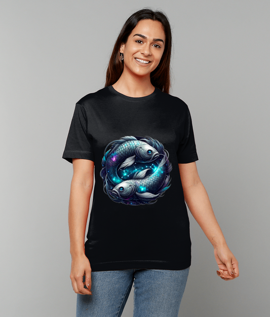 Celestial Pisces Zodiac T-Shirt with Pisces glyph and dreamy celestial graphic on classic fit tee
