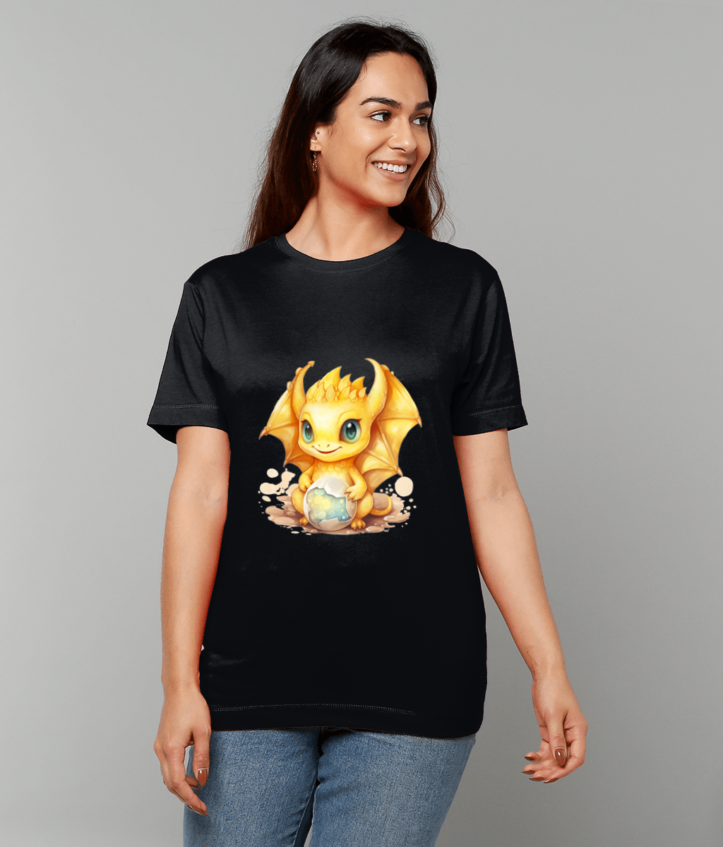 T-Shirt Elemental Baby Dragon Yellow With Egg featuring bright baby dragon cradling cracked egg design on classic fit tee