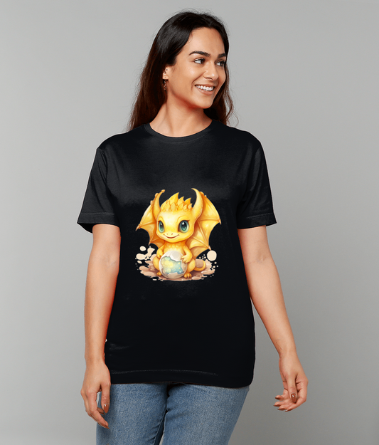 T-Shirt Elemental Baby Dragon Yellow With Egg featuring bright baby dragon cradling cracked egg design on classic fit tee