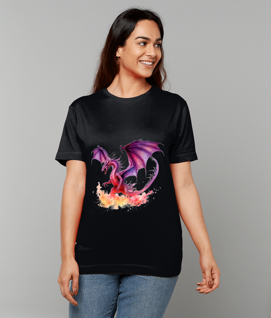 Purple Fire Dragon T-Shirt featuring vibrant mystical fire dragon artwork on made-to-order UK classic fit tee