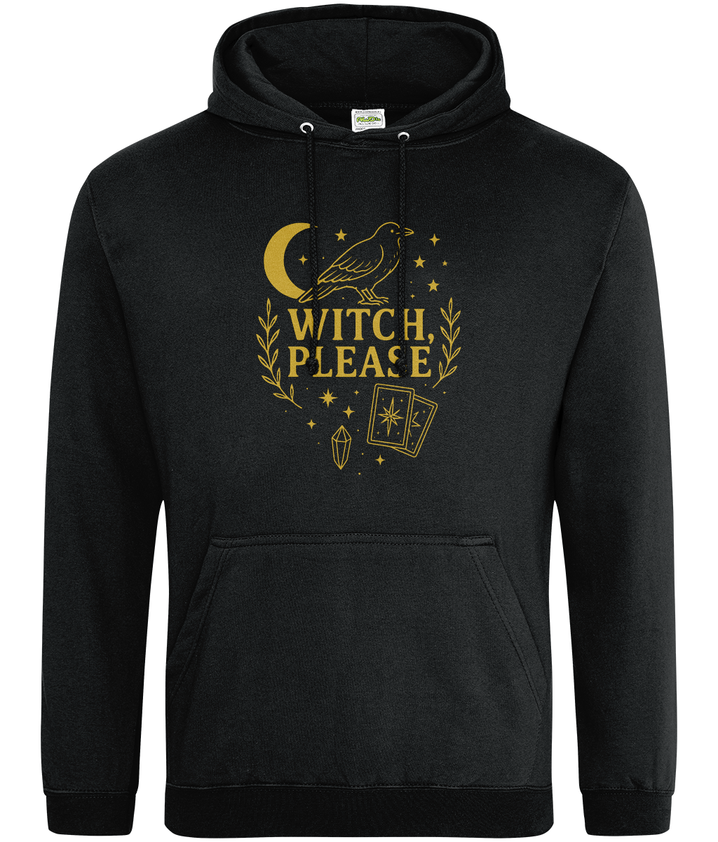 Black hoodie displaying a gold graphic of a crow on a crescent moon above tarot cards, a crystal and stars with the text WITCH, PLEASE; front-facing on a plain white background.