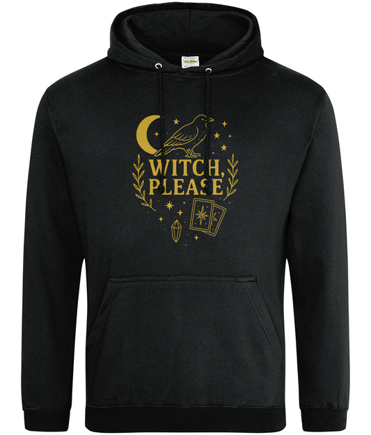Black hoodie displaying a gold graphic of a crow on a crescent moon above tarot cards, a crystal and stars with the text WITCH, PLEASE; front-facing on a plain white background.