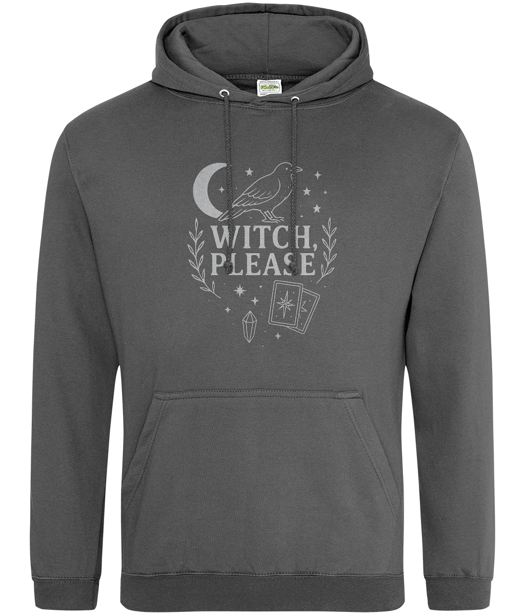 Gray pullover hoodie displays a centered occult themed print: a crow perched beside a crescent moon above the text "WITCH, PLEASE" with stars, laurel branches, tarot cards and a crystal.