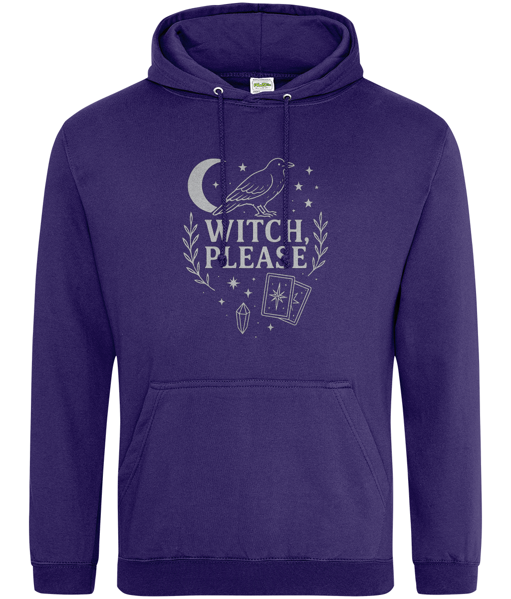 Purple pullover hoodie displays a centered white occult-themed graphic: a raven perched by a crescent moon, stars, laurel branches, tarot cards and crystal with text "WITCH, PLEASE" on a plain white background.