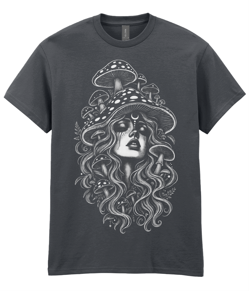 Madame Mush T-Shirt - white portrait of woman wearing large mushroom hat surrounded by fungi with flowing hair
