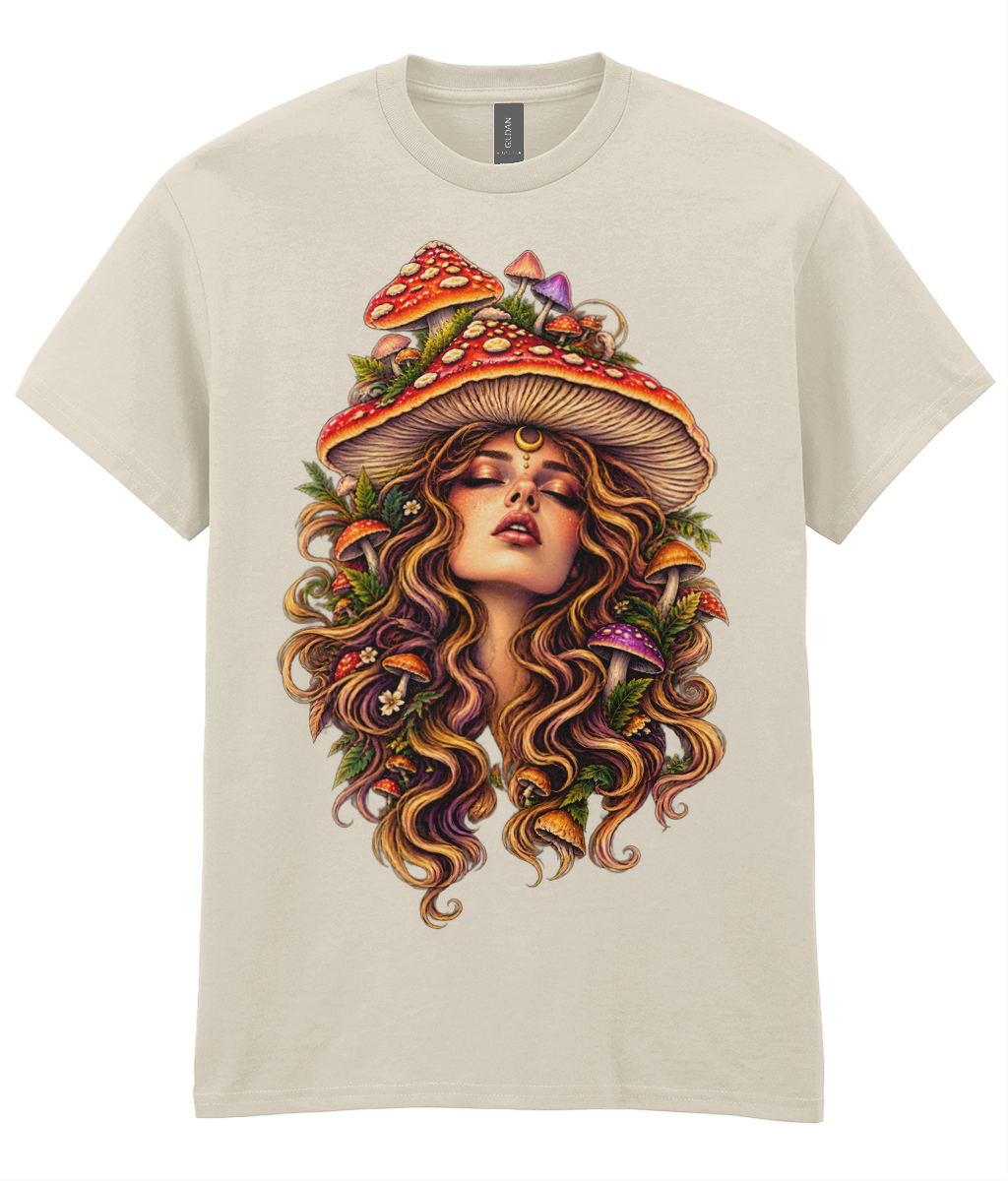 Lady Shrooms T-Shirt - colourful feminine woodland portrait surrounded by oversized mushrooms graphic print