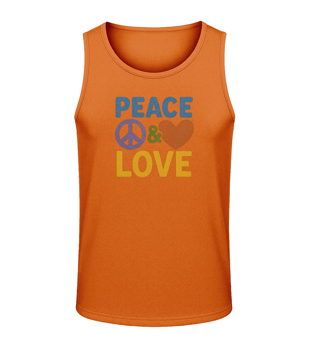 Orange tank top displaying the text "PEACE & LOVE" with a purple peace symbol and brown heart centered on the chest, shown front-facing against a black background.