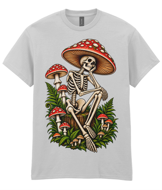 Skele Shrooms T-Shirt - colourful seated skeleton relaxing against an enormous mushroom graphic print