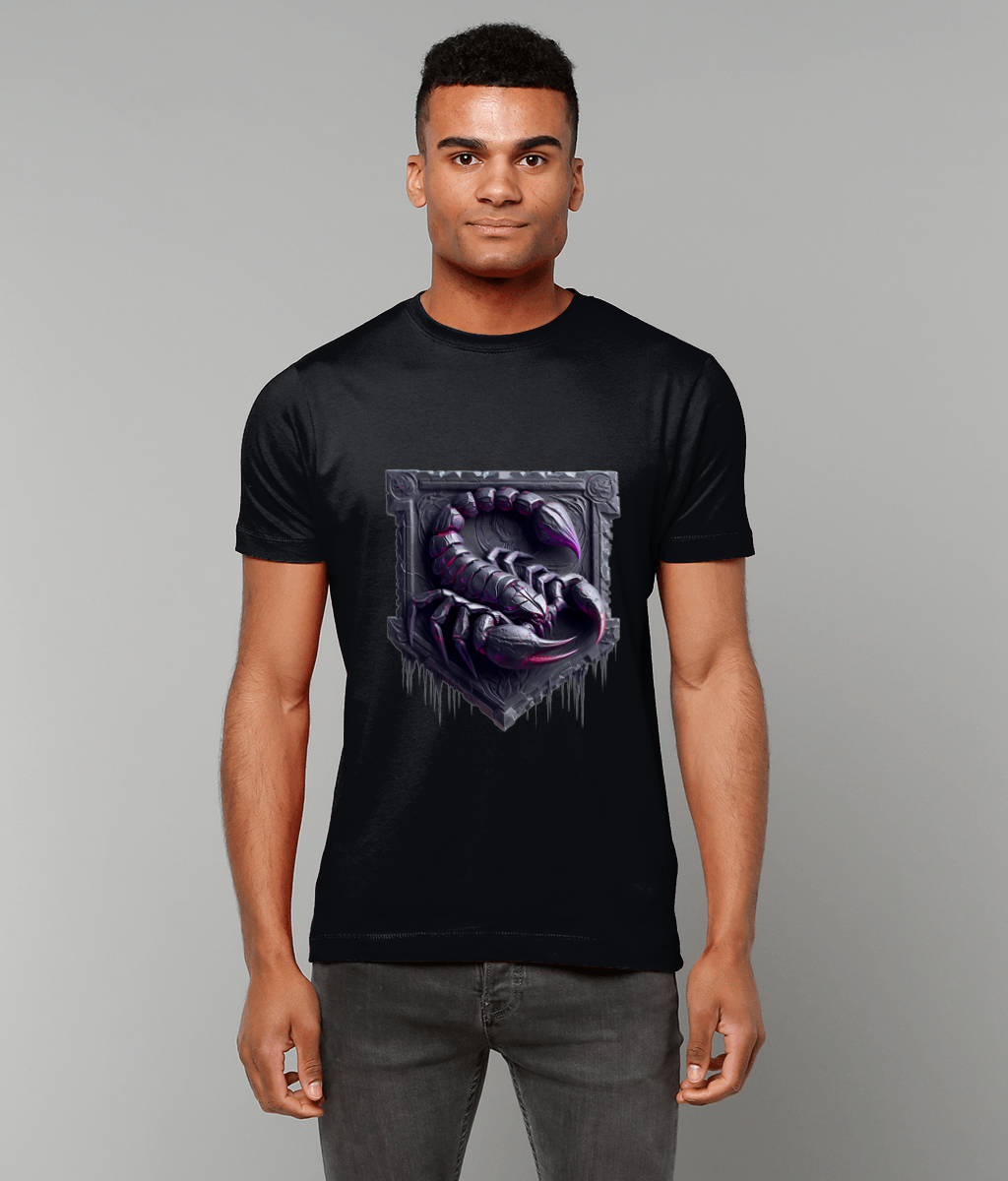Stone Tablet Scorpio Zodiac T-Shirt with intense Scorpio glyph and stone texture graphic on classic fit tee