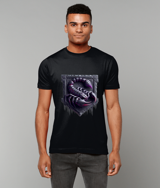 Stone Tablet Scorpio Zodiac T-Shirt with intense Scorpio glyph and stone texture graphic on classic fit tee