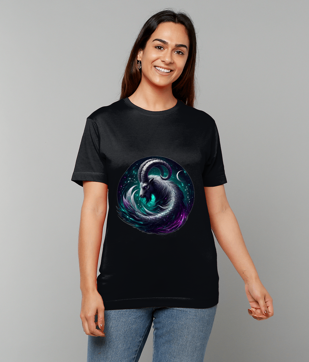 Celestial Capricorn Zodiac T-Shirt with Capricorn glyph and subtle celestial pattern on classic fit tee