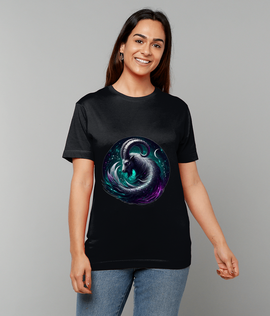 Celestial Capricorn Zodiac T-Shirt with Capricorn glyph and subtle celestial pattern on classic fit tee