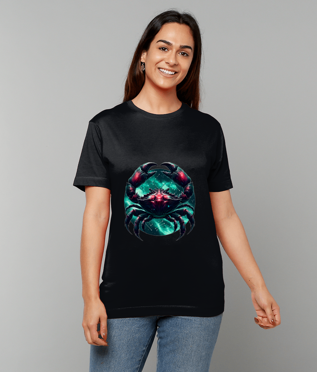 Celestial Cancer Zodiac T-Shirt with Cancer glyph and gentle celestial pattern on classic fit tee