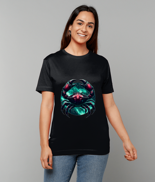 Celestial Cancer Zodiac T-Shirt with Cancer glyph and gentle celestial pattern on classic fit tee