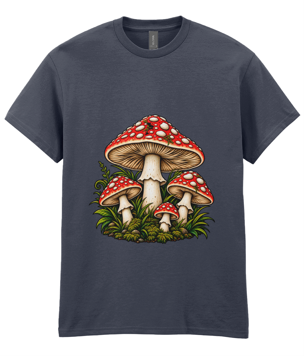 Shroom T-Shirt - colourful arrangement of woodland mushrooms graphic print