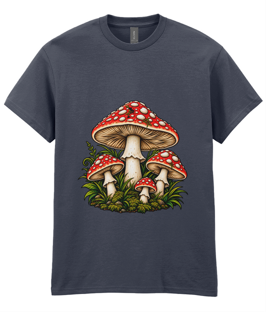 Shroom T-Shirt - colourful arrangement of woodland mushrooms graphic print