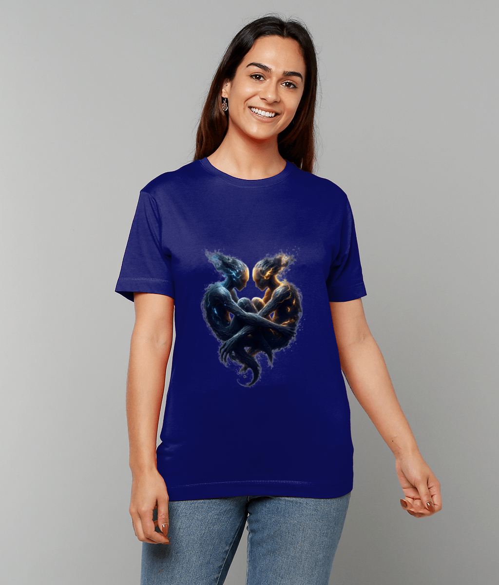 Royal blue T-shirt displaying two entwined elemental humanoids, one blue and one fiery orange, embracing to form a heart shape, worn by a smiling woman standing against a gray background.