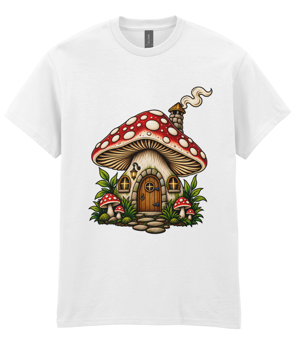 Shrooms Cottage T-Shirt - colourful fly agaric mushroom cottage with door windows and chimney graphic print