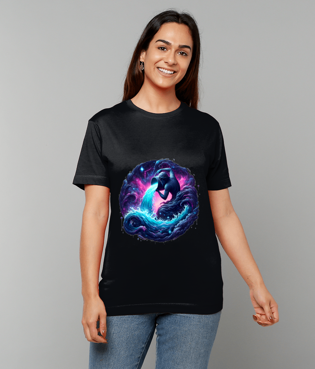 Celestial Aquarius Zodiac T-Shirt with Aquarius glyph and airy celestial graphic on classic fit tee