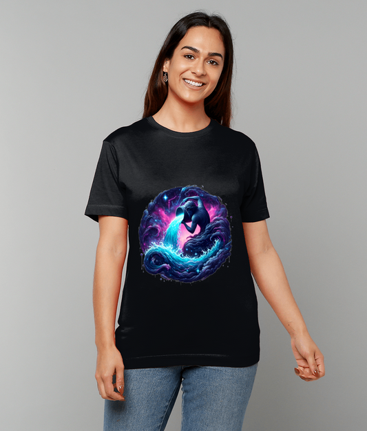 Celestial Aquarius Zodiac T-Shirt with Aquarius glyph and airy celestial graphic on classic fit tee