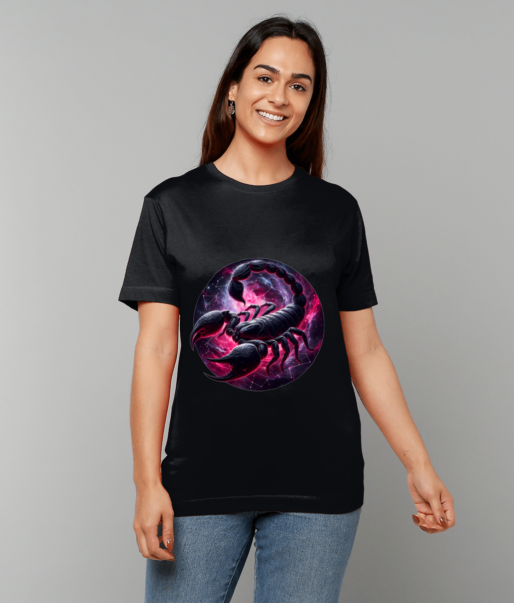Celestial Scorpio Zodiac T-Shirt with Scorpio glyph and subtle celestial graphic on classic fit tee