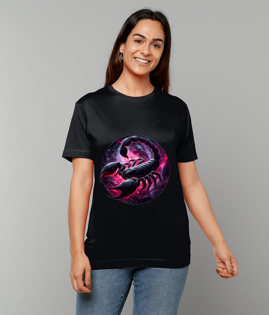 Celestial Scorpio Zodiac T-Shirt with Scorpio glyph and subtle celestial graphic on classic fit tee