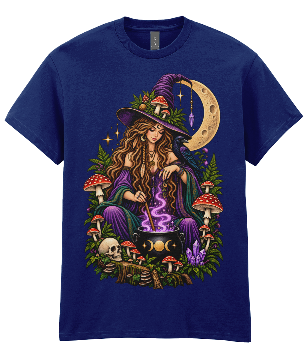 Mush Witch T-Shirt - colourful witch sitting amongst mushrooms stirring a cauldron beneath a crescent moon