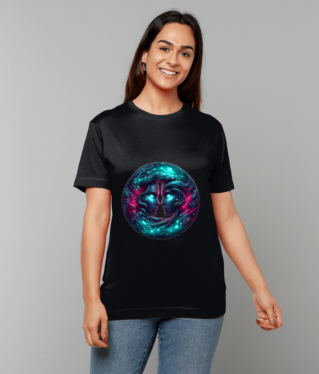 Celestial Gemini Zodiac T-Shirt with Gemini glyph and subtle celestial graphic on classic fit tee