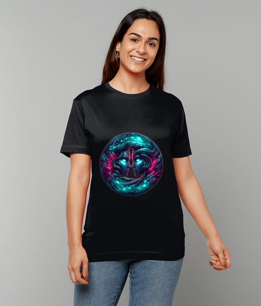 Celestial Gemini Zodiac T-Shirt with Gemini glyph and subtle celestial graphic on classic fit tee