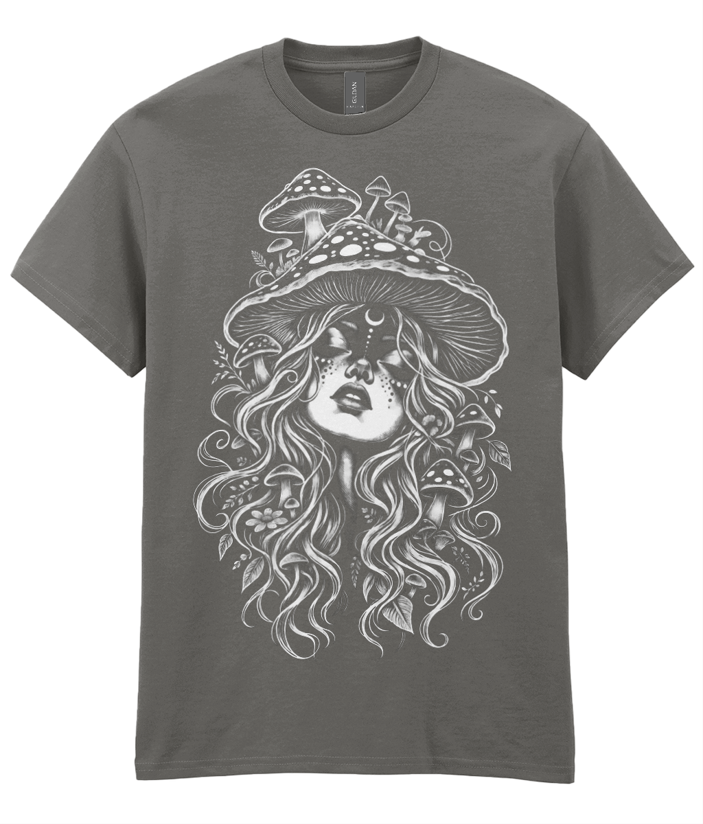 Lady Shroom T-Shirt - white feminine woodland portrait with oversized mushrooms graphic print