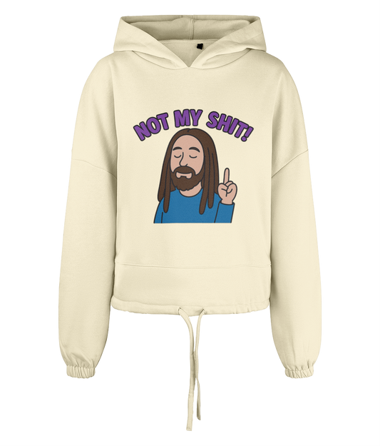 Hoodie shows a cartoon long-haired bearded man raising one finger with closed eyes and purple text "NOT MY SHIT!" above on a cream drawstring hood.
