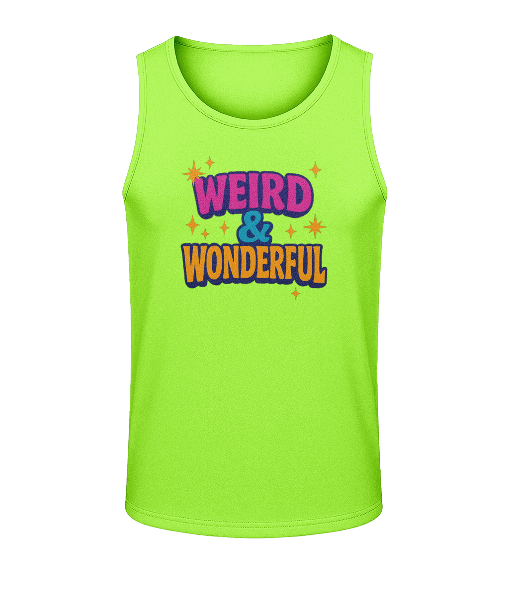 Neon green tank top displays large retro text "WEIRD & WONDERFUL" with ampersand and star accents centered against a black background.
