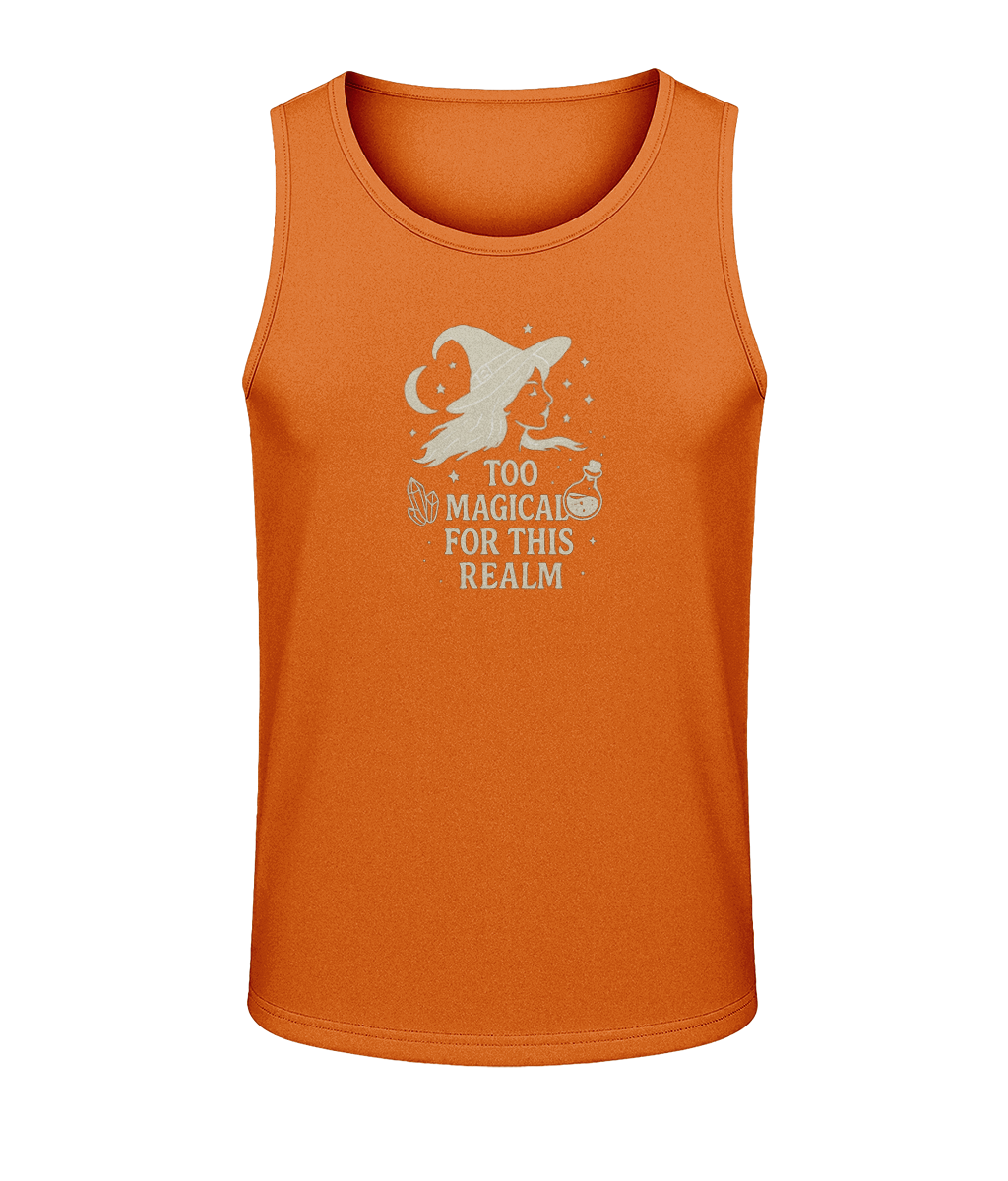 Orange tank top displays a pale witch profile with moon, stars, crystal and potion and the text TOO MAGICAL FOR THIS REALM centered on a plain black background.